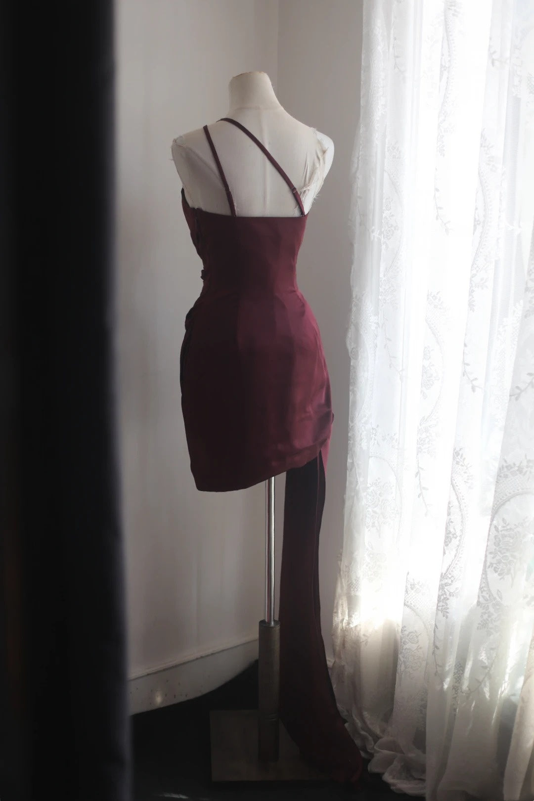 Burgundy Satin Mini Dress Holiday Party Homecoming Dress F0408
