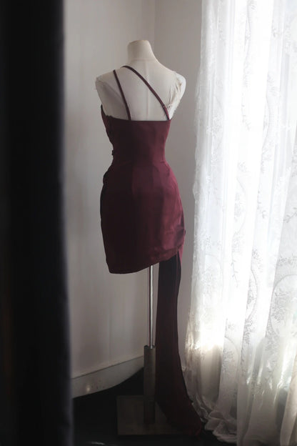 Burgundy Satin Mini Dress Holiday Party Homecoming Dress F0408
