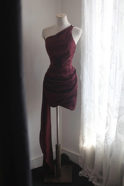 Burgundy Satin Mini Dress Holiday Party Homecoming Dress F0408