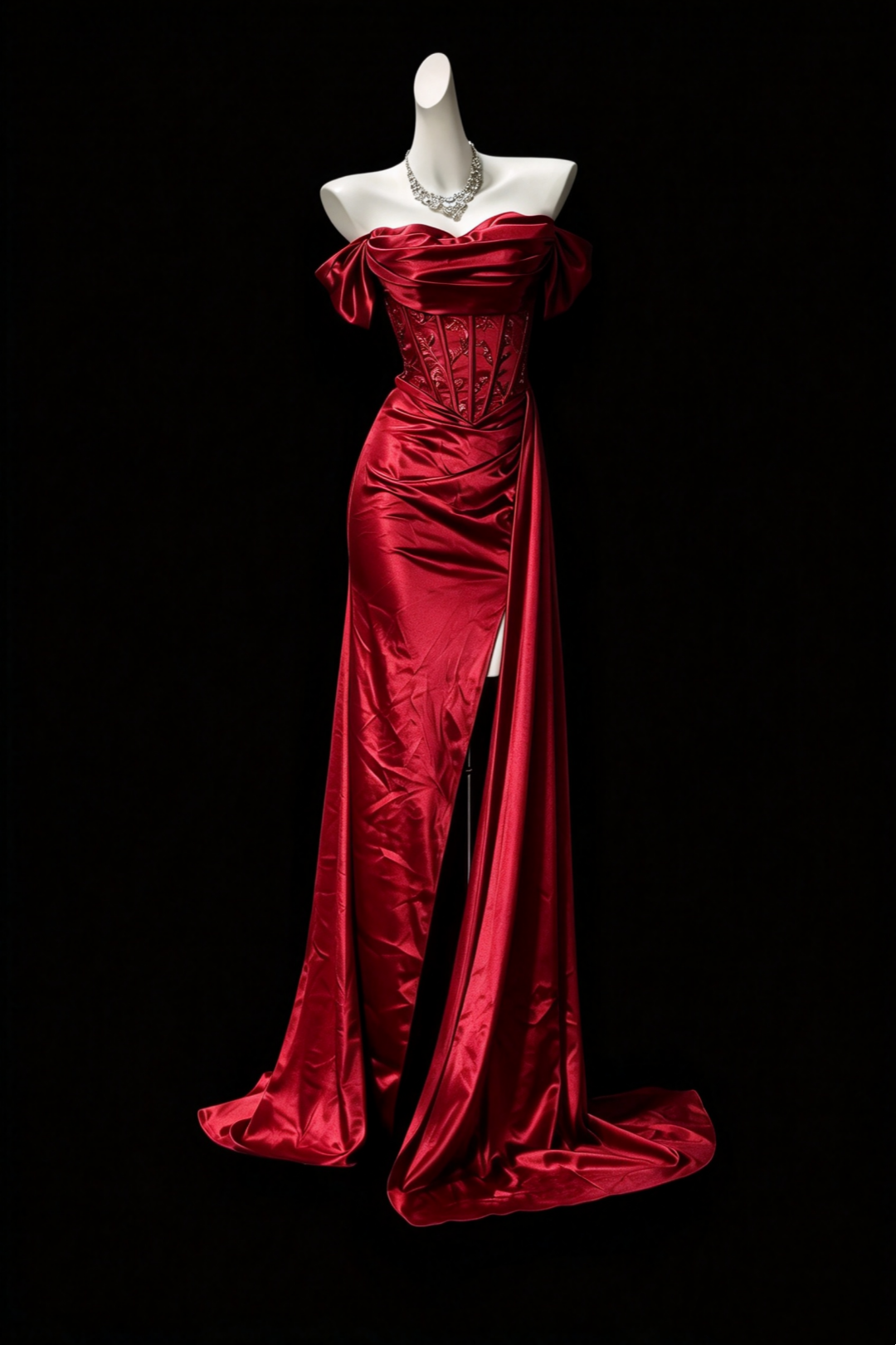 Burgundy Satin Off Shoulder Corset Dress High Slit Formal Gown F0369