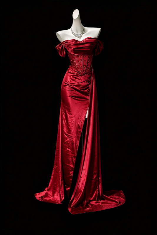 Burgundy Satin Off Shoulder Corset Dress High Slit Formal Gown F0369