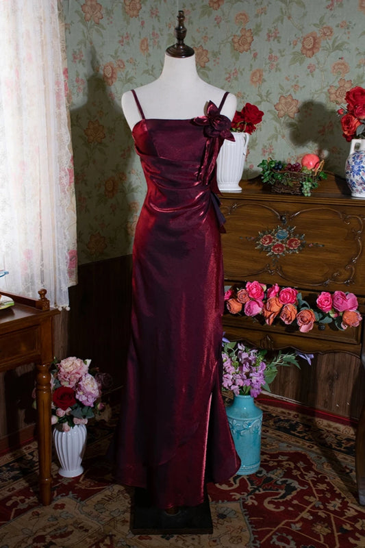 Burgundy Satin Spaghetti Strap Mermaid Formal Dress with 3D Flower L018