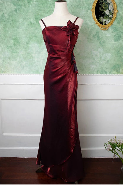 Burgundy Satin Spaghetti Strap Mermaid Formal Dress with 3D Flower L018