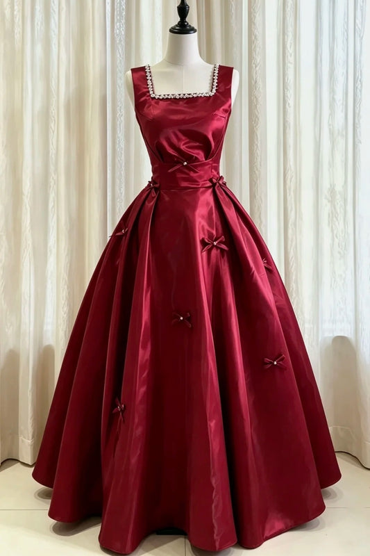 Burgundy Satin Square Neck Bow Long Evening Dress F0509