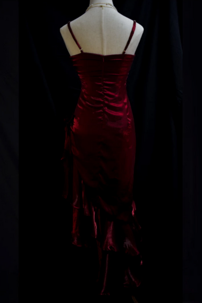 Burgundy Shiny Spaghetti Strap Formal Dress, Ruched Asymmetrical Ruffle Floral Party Dress L011