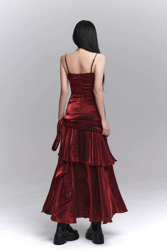 Burgundy Spaghetti Strap Ruched Tiered Maxi Party Dress F0504