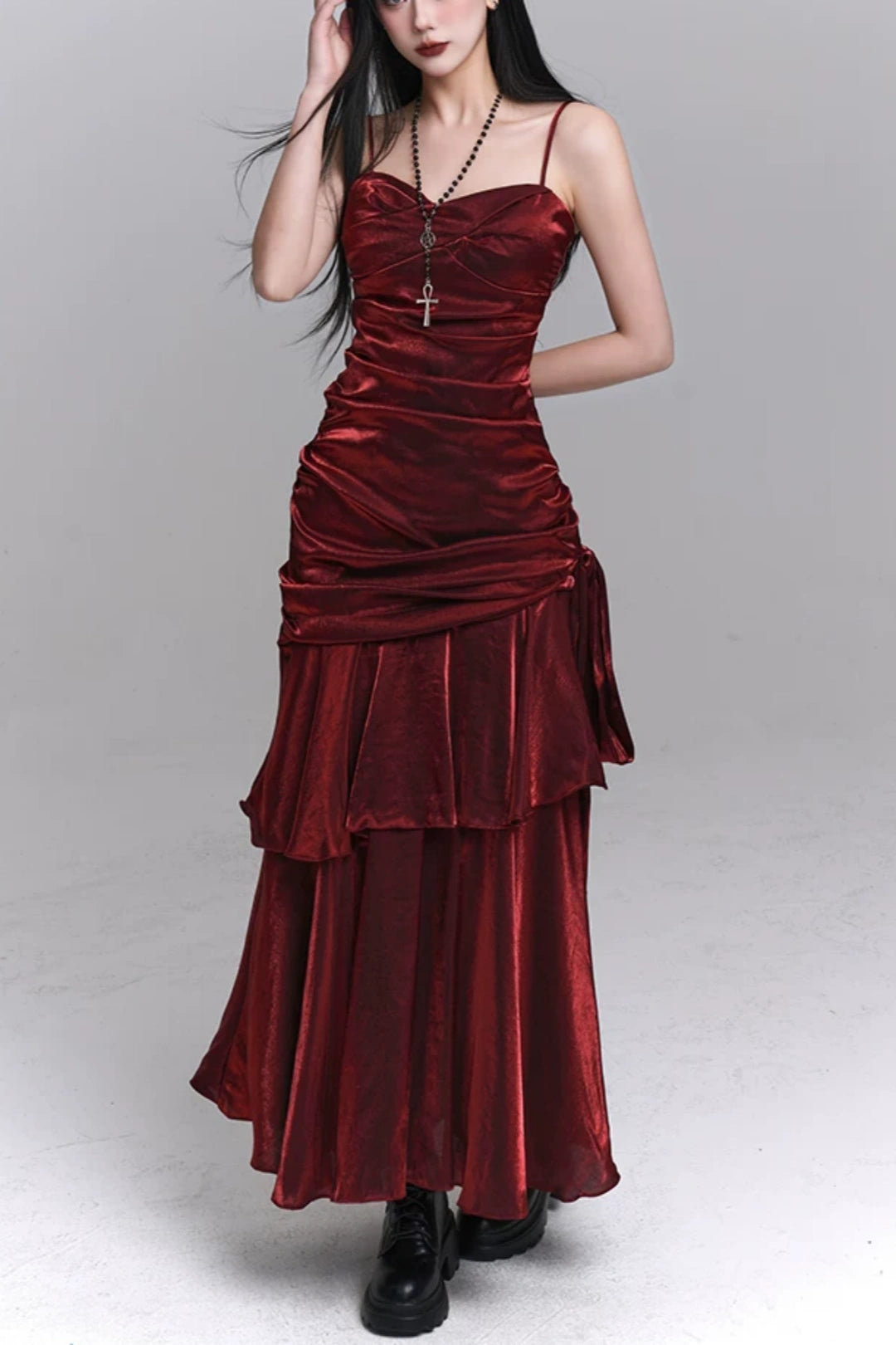 Burgundy Spaghetti Strap Ruched Tiered Maxi Party Dress F0504