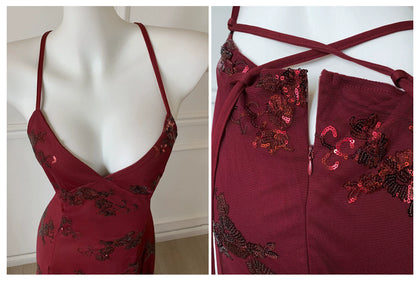 Burgundy Spaghetti Strap Sequin Floral Long Prom Dress F0462