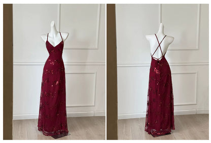 Burgundy Spaghetti Strap Sequin Floral Long Prom Dress F0462