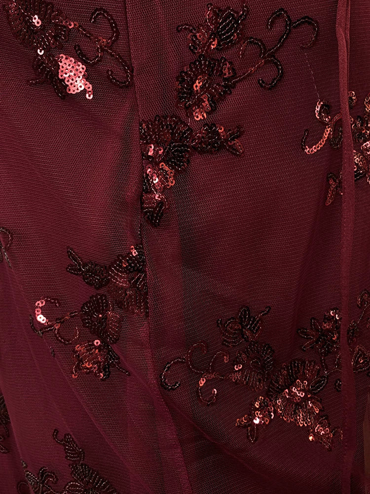Burgundy Spaghetti Strap Sequin Floral Long Prom Dress F0462