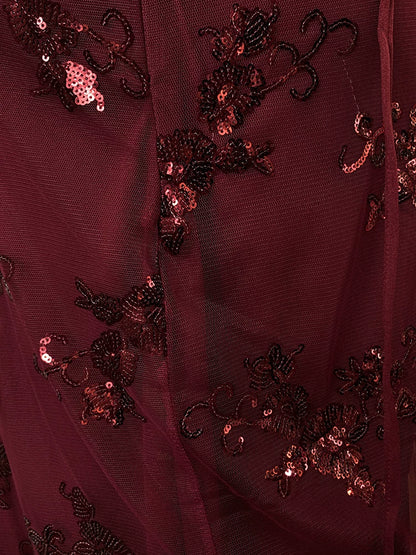 Burgundy Spaghetti Strap Sequin Floral Long Prom Dress F0462