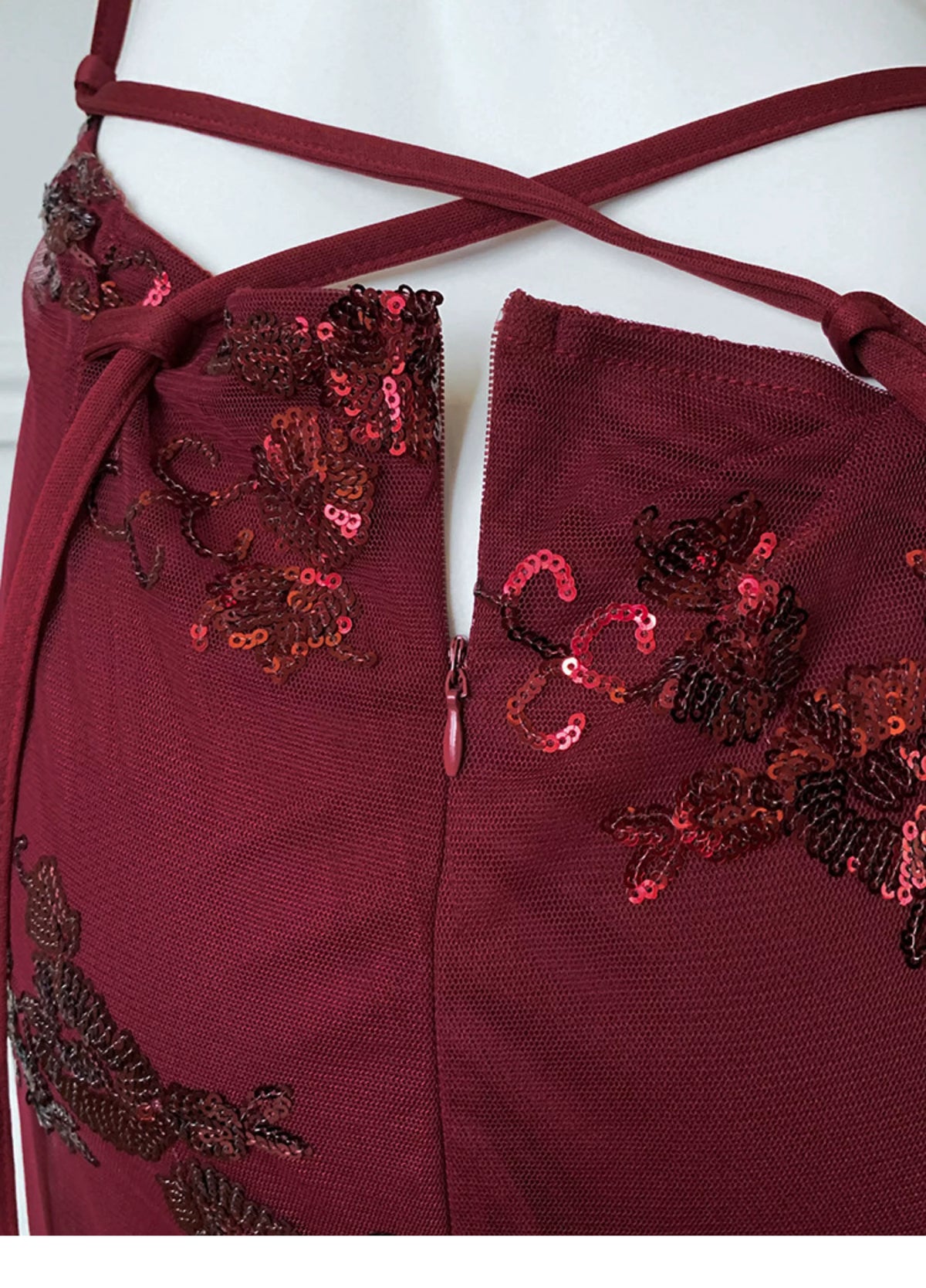 Burgundy Spaghetti Strap Sequin Floral Long Prom Dress F0462