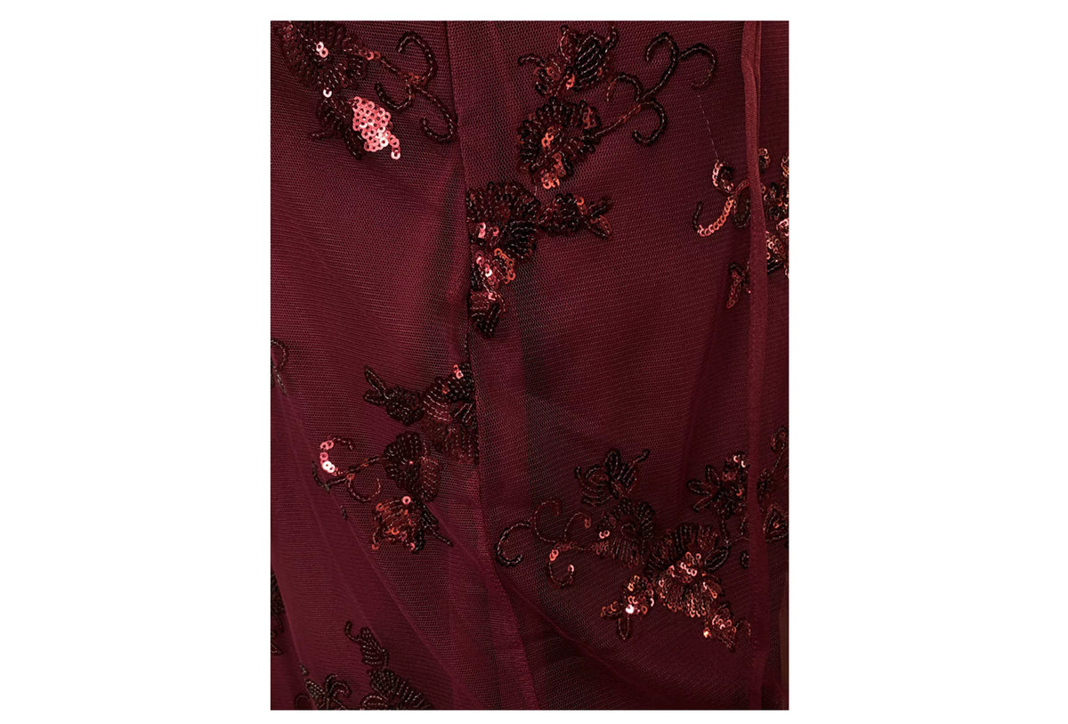Burgundy Spaghetti Strap Sequin Floral Long Prom Dress F0462