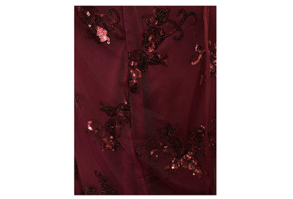 Burgundy Spaghetti Strap Sequin Floral Long Prom Dress F0462