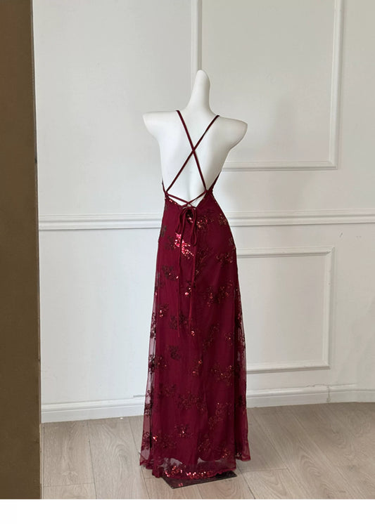 Burgundy Spaghetti Strap Sequin Floral Long Prom Dress F0462