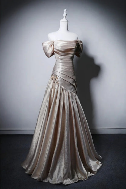 Champagne Satin Mermaid Evening Dress, Off Shoulder Formal Gown F0412