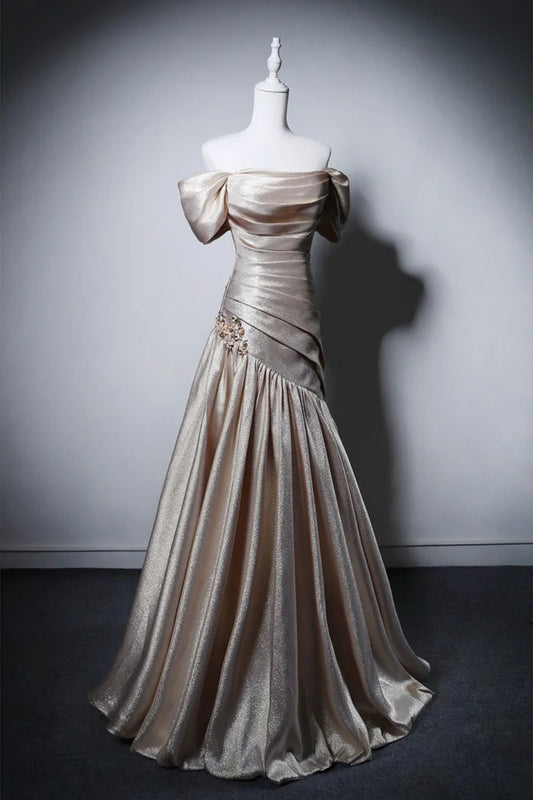 Champagne Satin Mermaid Evening Dress, Off Shoulder Formal Gown F0412
