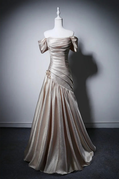 Champagne Satin Mermaid Evening Dress, Off Shoulder Formal Gown F0412