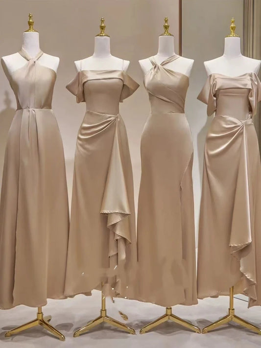Champagne Satin Mismatched Bridesmaid Dress Set Long Gowns F0370