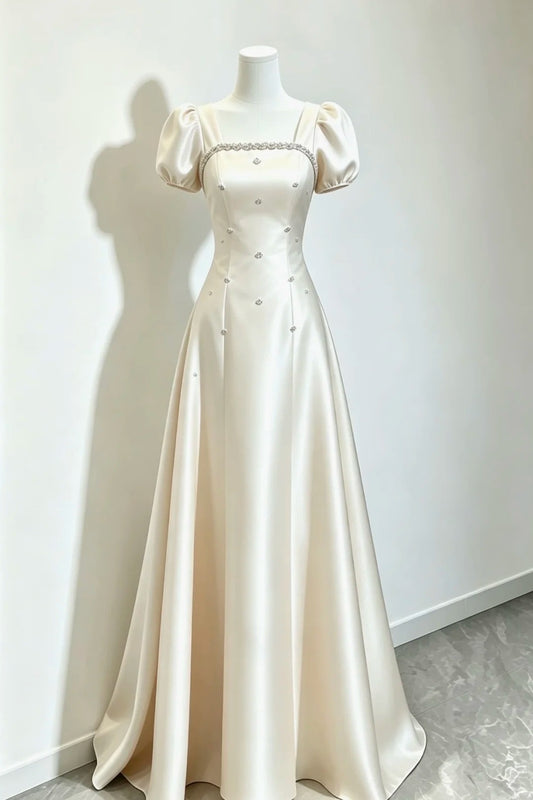 Champagne Satin Square Neck Puff Sleeve A Line Long Evening Dress F0511