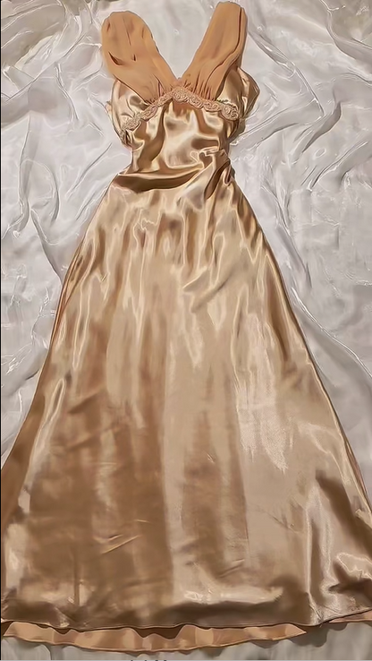 Champagne Satin V Neck A Line Evening Dress F0397