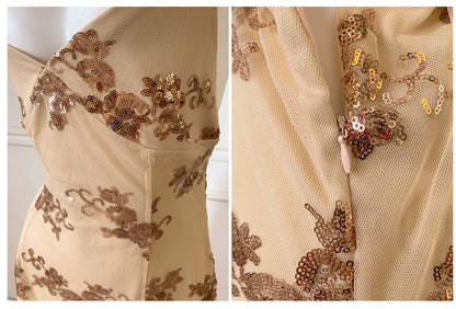 Champagne Spaghetti Strap Gold Floral Sequin Long Prom Dress F0463