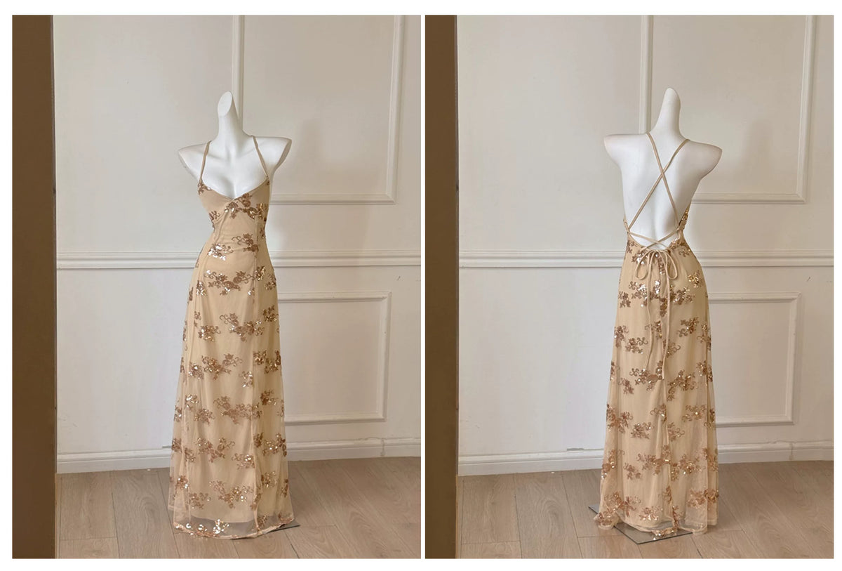 Champagne Spaghetti Strap Gold Floral Sequin Long Prom Dress F0463