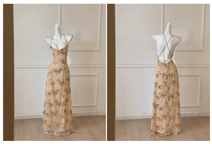 Champagne Spaghetti Strap Gold Floral Sequin Long Prom Dress F0463