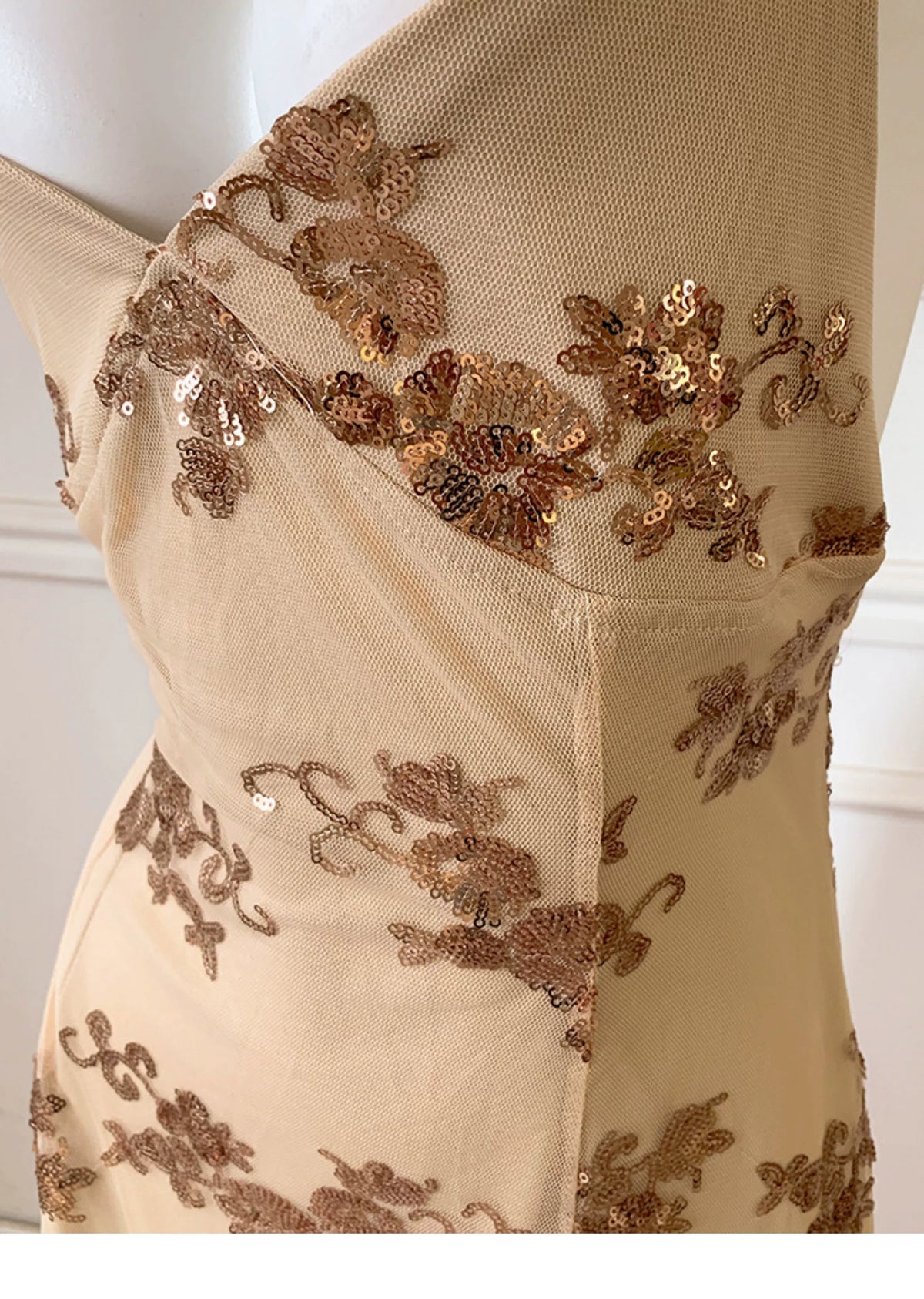 Champagne Spaghetti Strap Gold Floral Sequin Long Prom Dress F0463