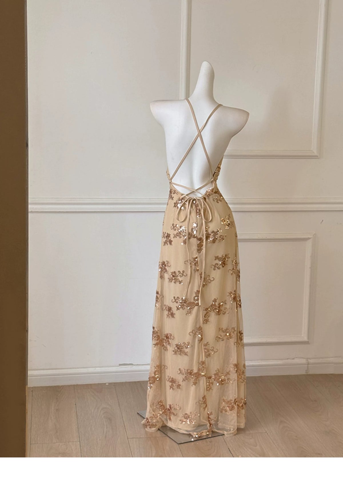 Champagne Spaghetti Strap Gold Floral Sequin Long Prom Dress F0463