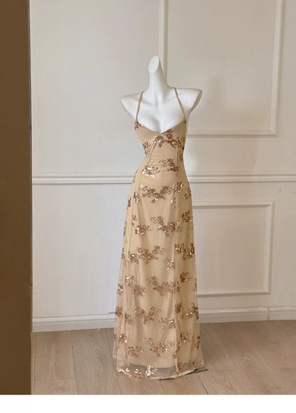 Champagne Spaghetti Strap Gold Floral Sequin Long Prom Dress F0463