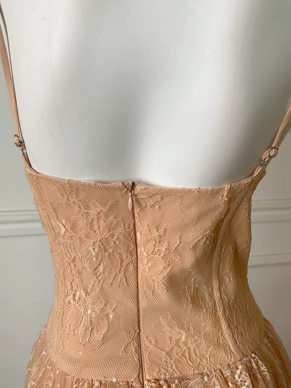Champagne Spaghetti Strap Lace A Line Prom Dress F0468