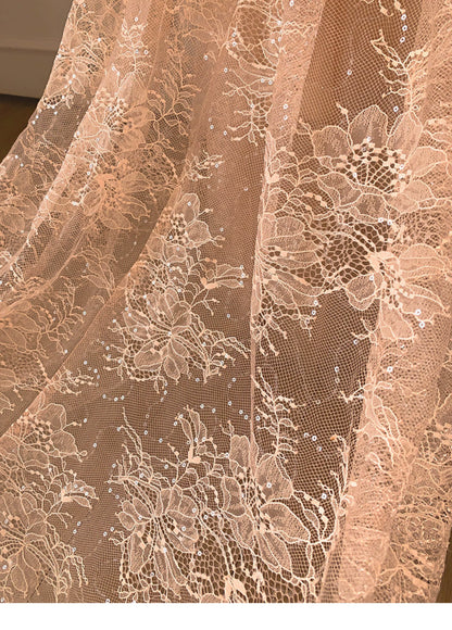 Champagne Spaghetti Strap Lace A Line Prom Dress F0468