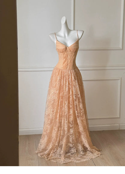 Champagne Spaghetti Strap Lace A Line Prom Dress F0468