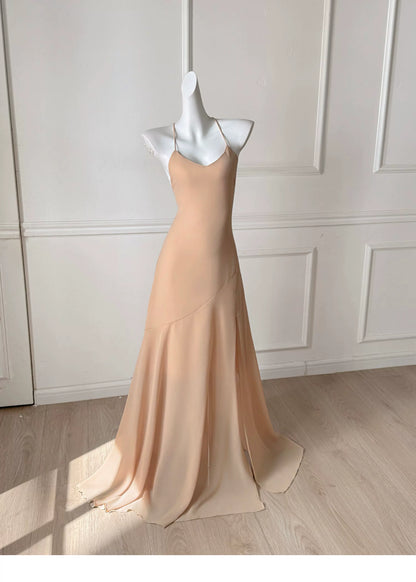 Champagne Spaghetti Straps Long Evening Dress With Ruffle Cape F0486