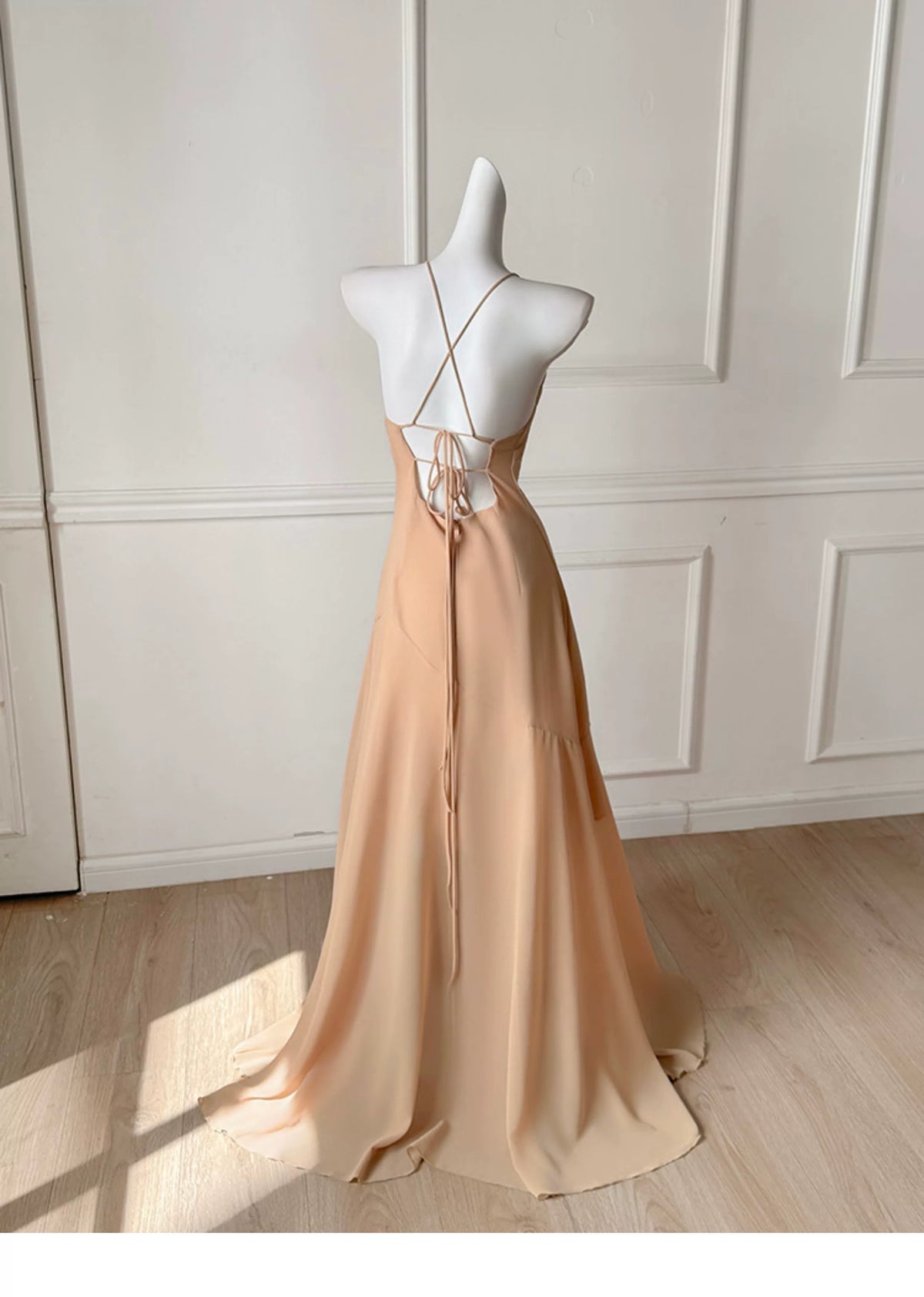 Champagne Spaghetti Straps Long Evening Dress With Ruffle Cape F0486
