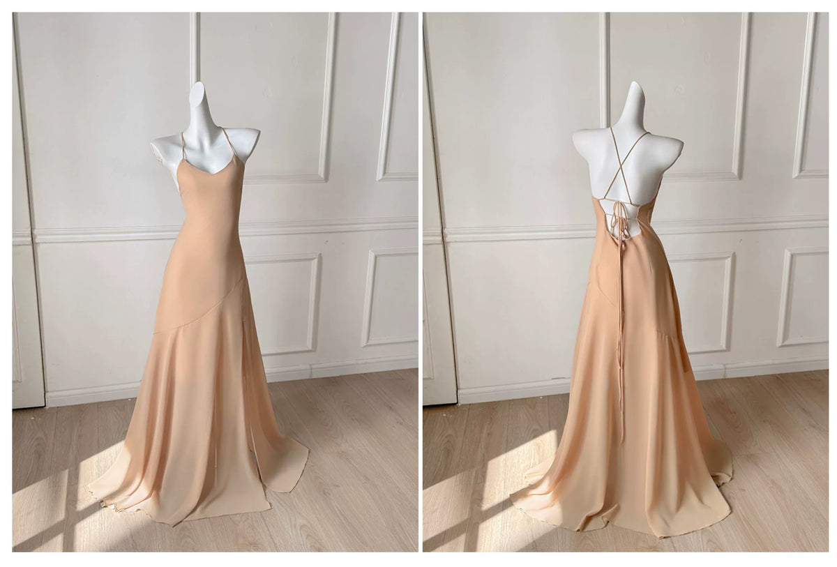Champagne Spaghetti Straps Long Evening Dress With Ruffle Cape F0486