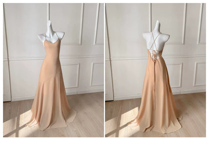 Champagne Spaghetti Straps Long Evening Dress With Ruffle Cape F0486