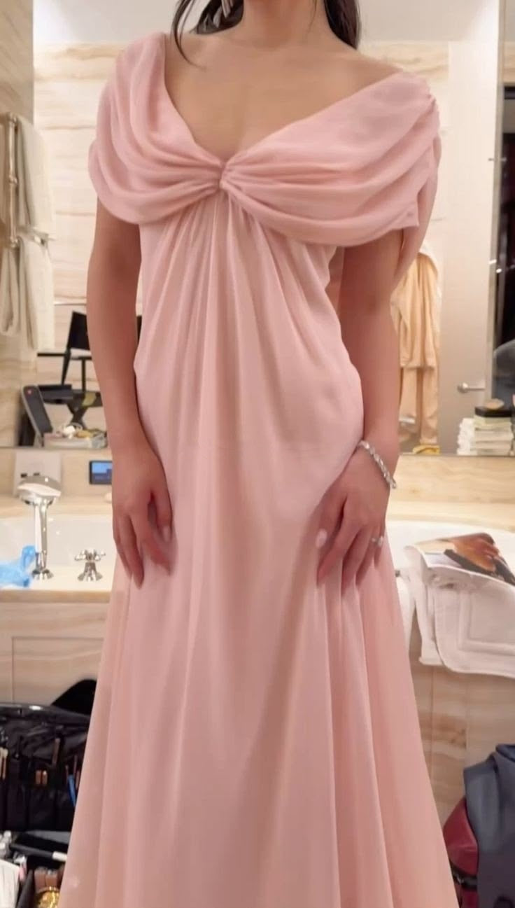 Chiffon Draped V Neck Long Bridesmaid Dress F0401