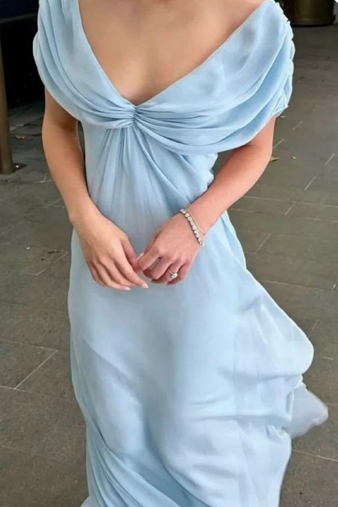 Chiffon Draped V Neck Long Bridesmaid Dress F0401