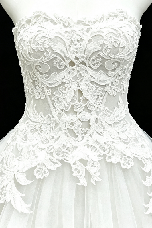 Weißes trägerloses Korsett-Spitzenkurz-Kleid, florales Applikationen-Tüll-Cocktailparty-Kleid F007