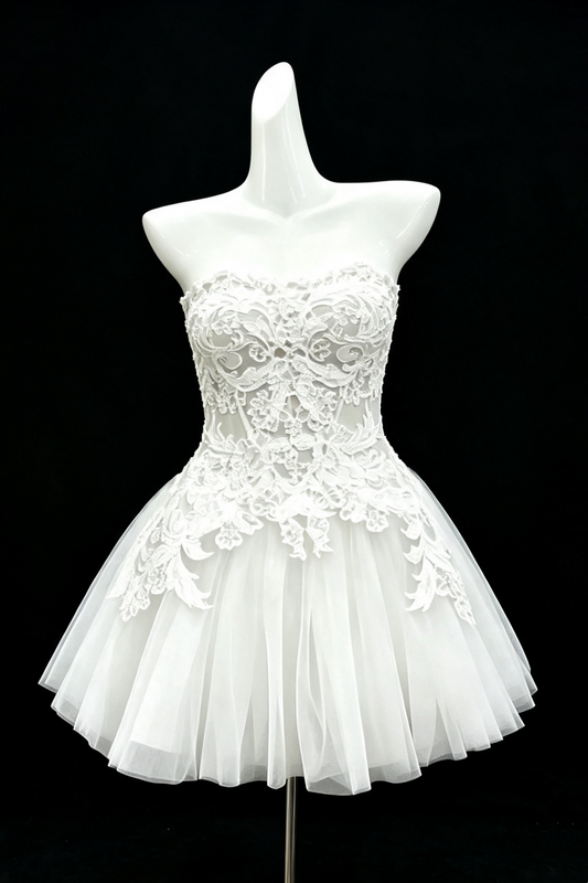 Weißes trägerloses Korsett-Spitzenkurz-Kleid, florales Applikationen-Tüll-Cocktailparty-Kleid F007