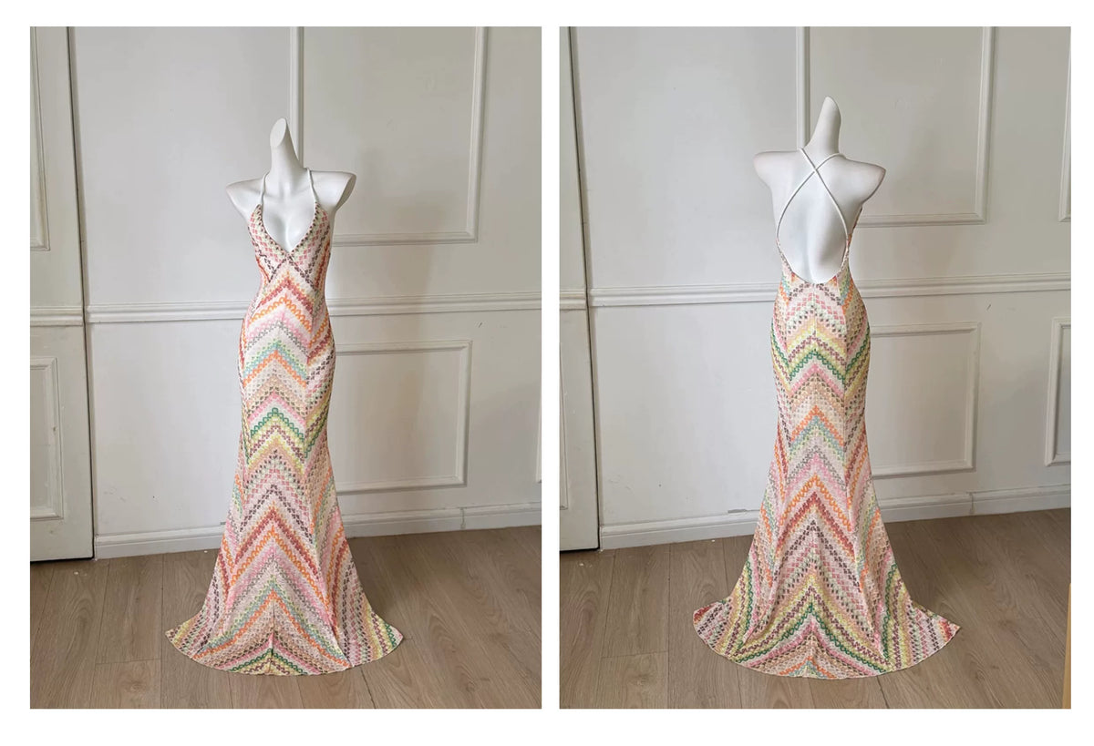 Colorful Chevron Print Halter Mermaid Prom Dress F0472