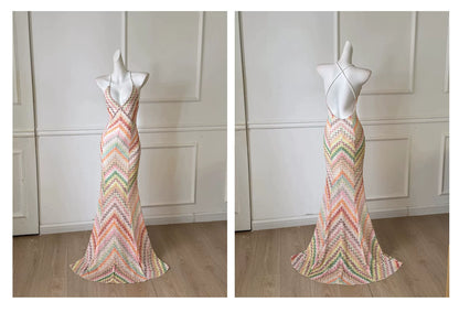 Colorful Chevron Print Halter Mermaid Prom Dress F0472