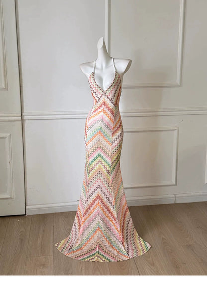 Colorful Chevron Print Halter Mermaid Prom Dress F0472