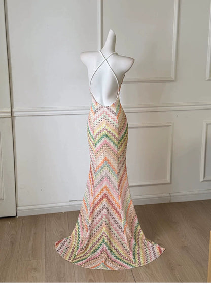Colorful Chevron Print Halter Mermaid Prom Dress F0472