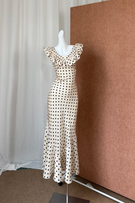Cream Polka Dot Dress, Ruffle Neck Formal Party Gown F0413