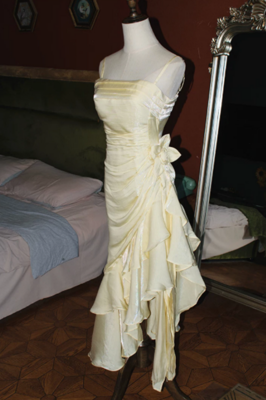 Cream Yellow Shiny Spaghetti Strap Formal Dress, Ruched Asymmetrical Ruffle Floral Party Dress L013