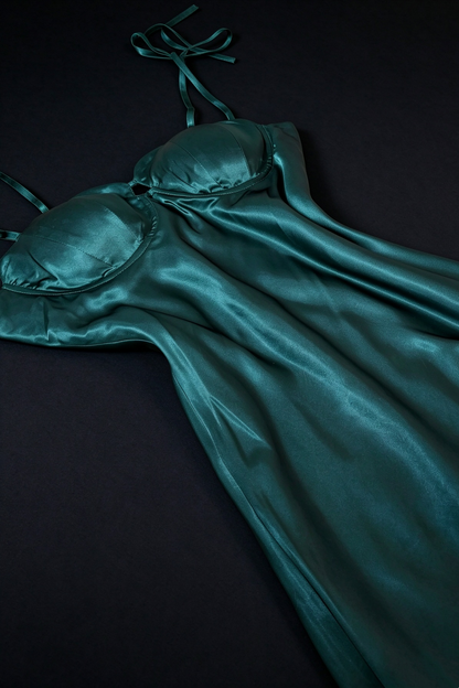Dark Green Satin Tie Strap Sweetheart Cutout Long Evening Dress F0522