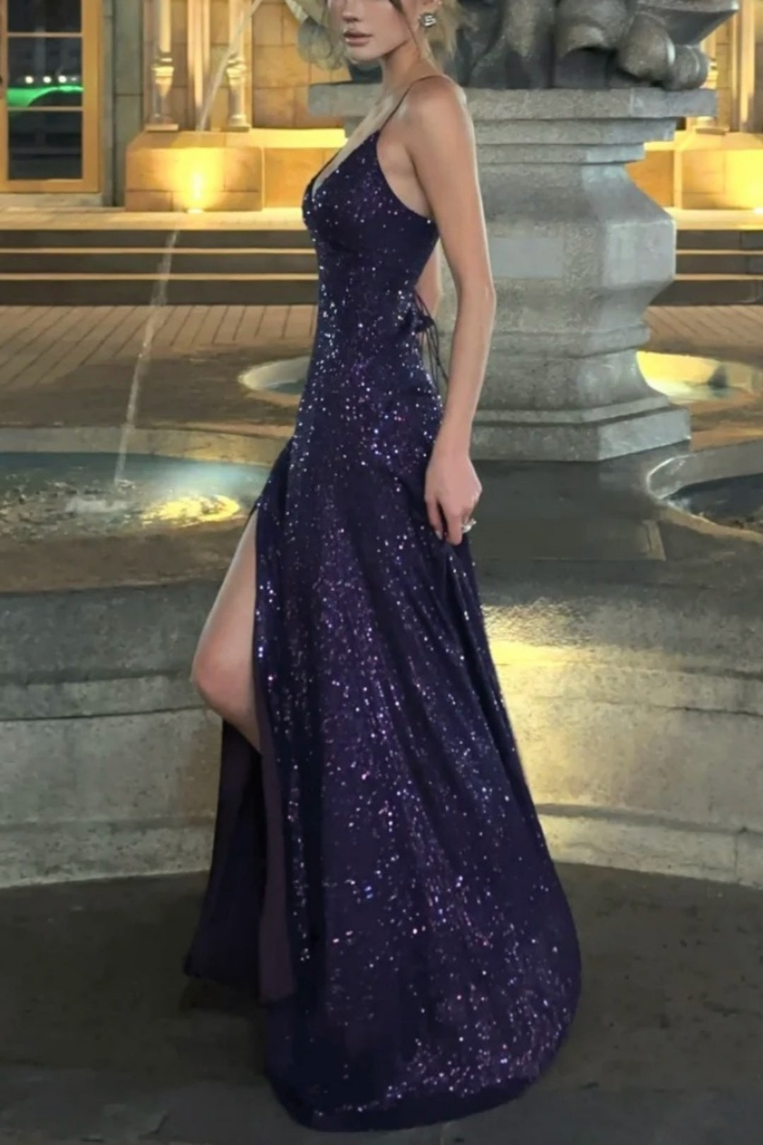 Deep Purple Sequin Evening Dress V-neck Spaghetti Strap Slit Gown F0383